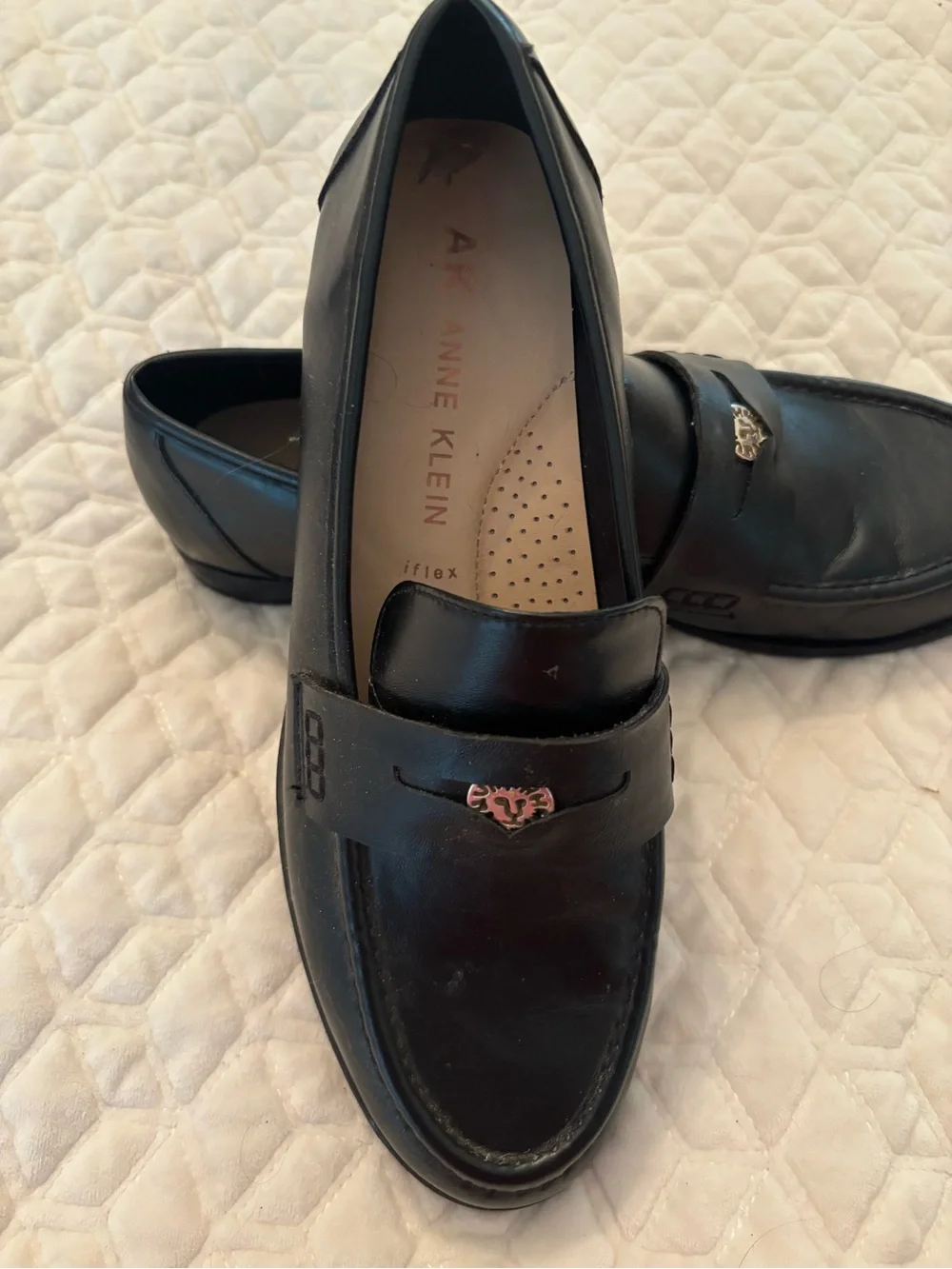 Anne Klein Black Leather Classic Penny Loafers with Silver Accent